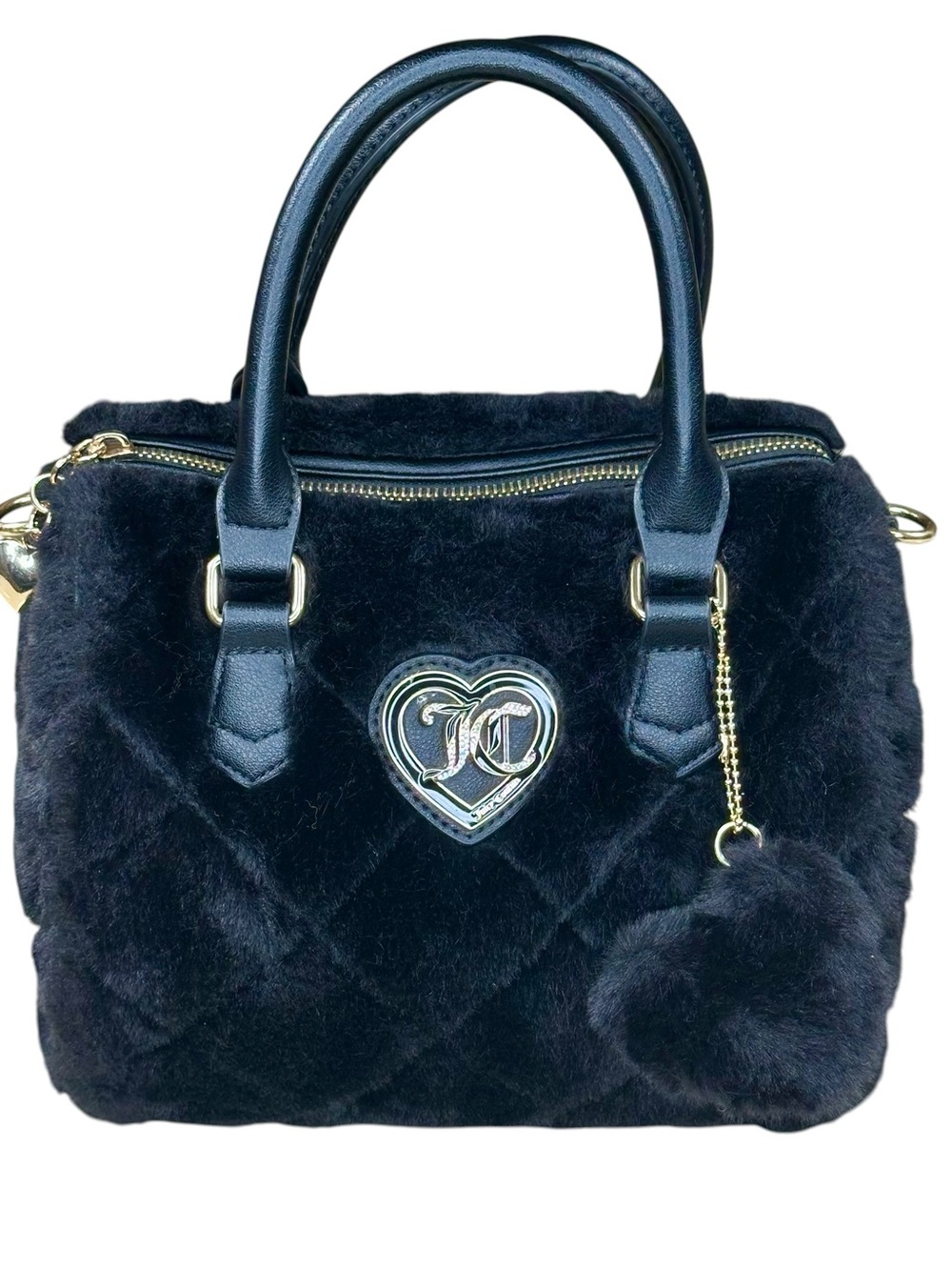 Juicy Couture Let's Get Cozy Black Faux Fur Satchel Purse Heart Logo No
Flaws